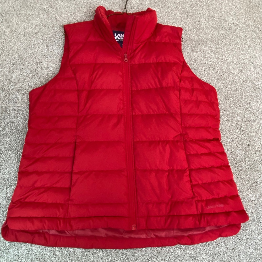 Lands End Red Puffer Vest Quilted‎ Zip Front Collared Women's XL Down
